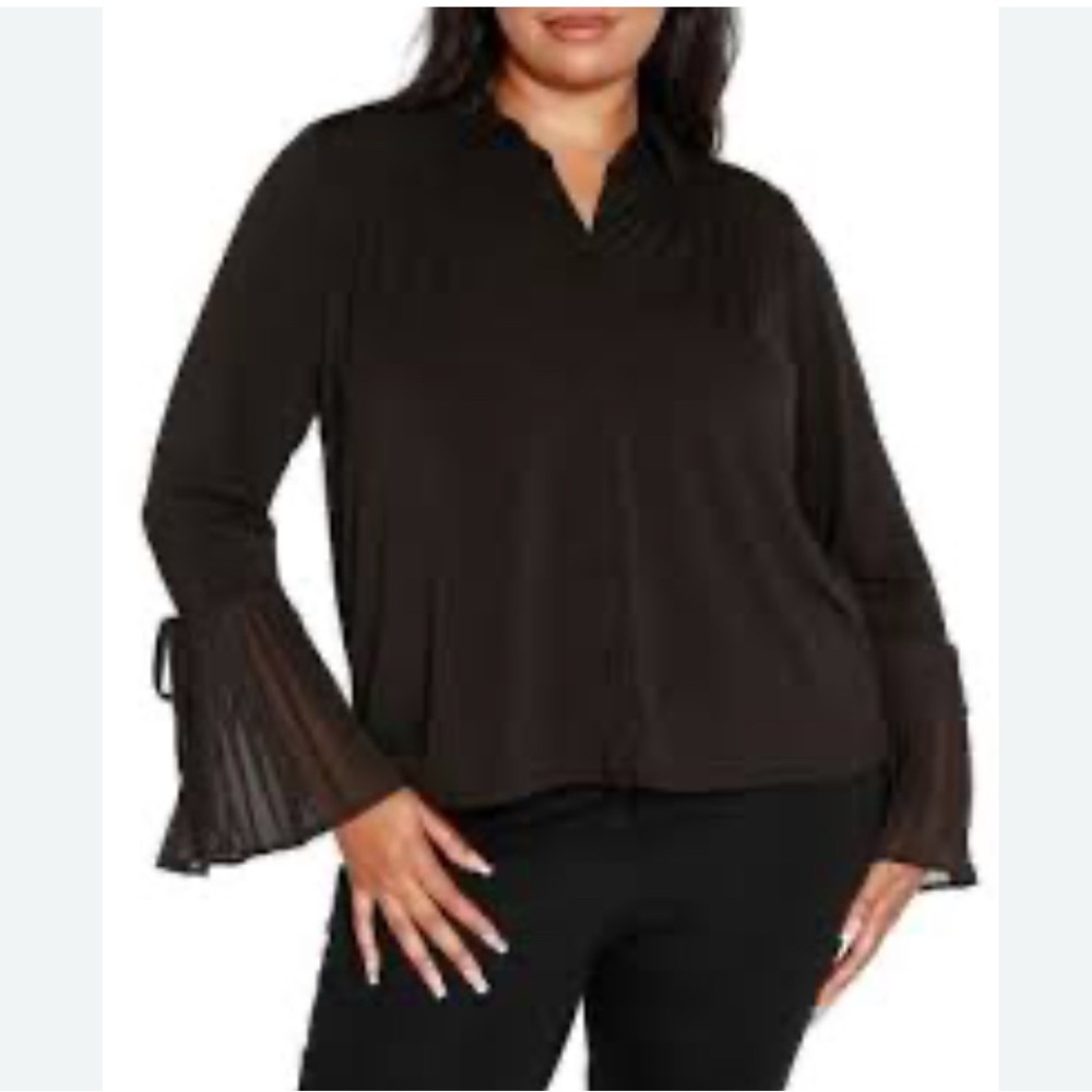 Belldini Black Label Button Blouse M Black Pleated Flared Cuff Loose Minimalist